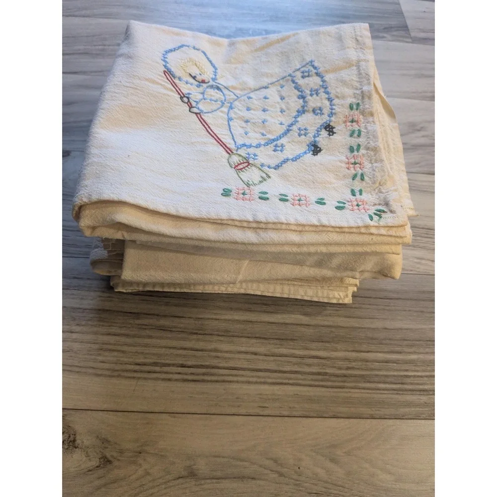 Set of 6 Vintage Hand Embroidered Flour Sack Towels, Days of the Week Linens